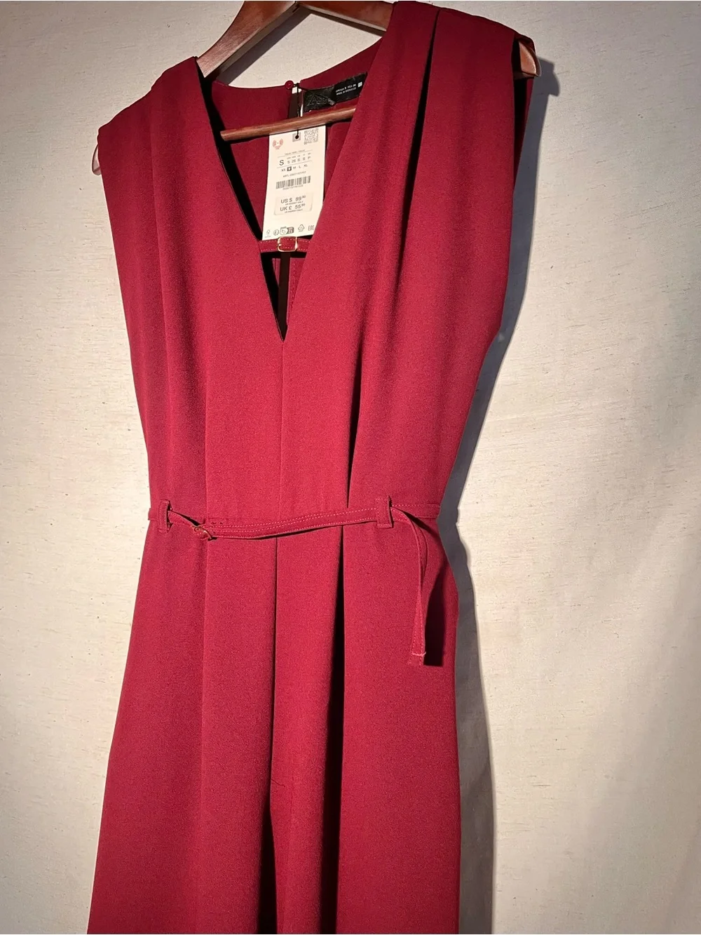 Zara Wide-Leg Belted Jumpsuit Maroon Size Small Elegant V-Neck Wide Leg - Picture 14 of 16
